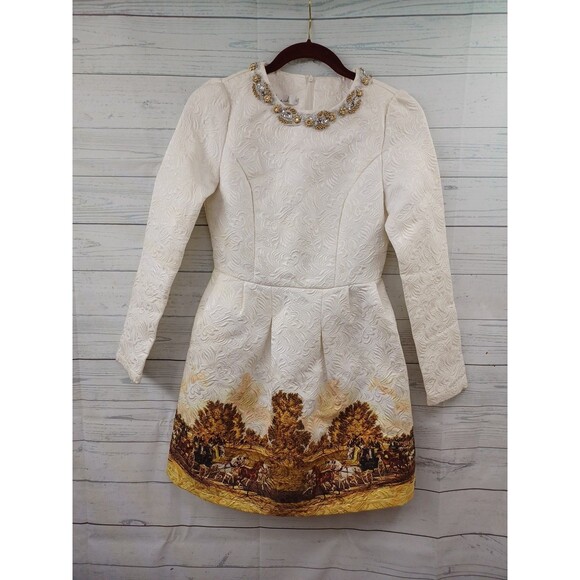 Chickwick Ivory Brocade Dress With Beaded Collar Regency Print on The Hem Sz XS - Picture 1 of 9
